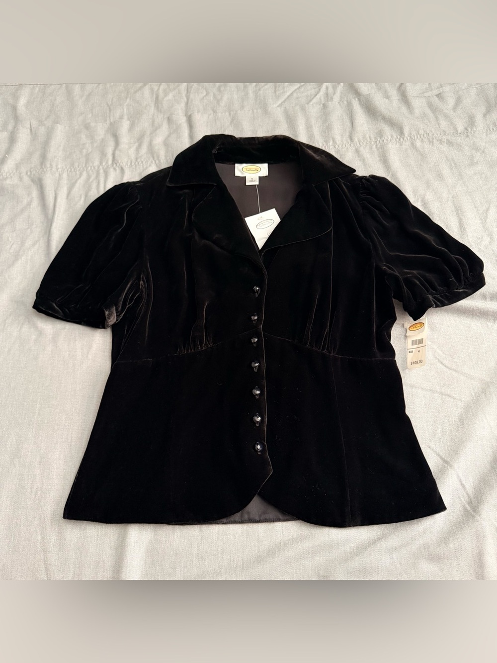 NWT Talbots black velvet blouse button Up puff sleeve babydoll Silk blend Y2K S4